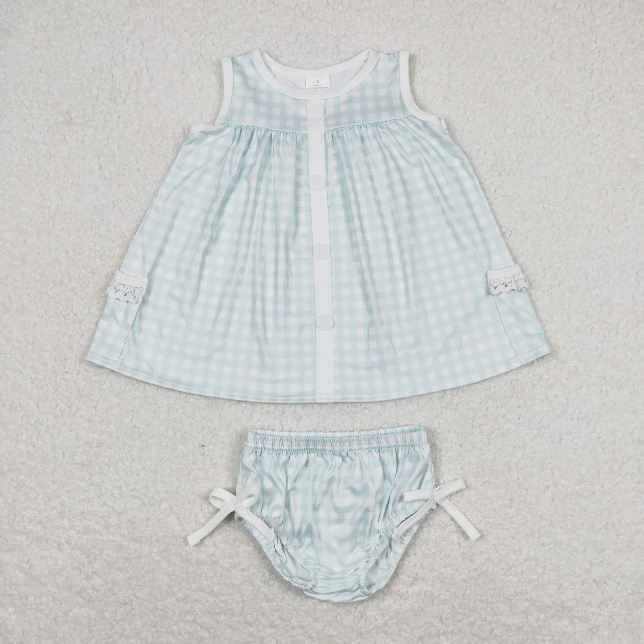 Wholesale Kids Outfit Children Sleeveless Checkered Pocket Tunic Bummie Shorts Infant Summer Baby Girl Toddler Set