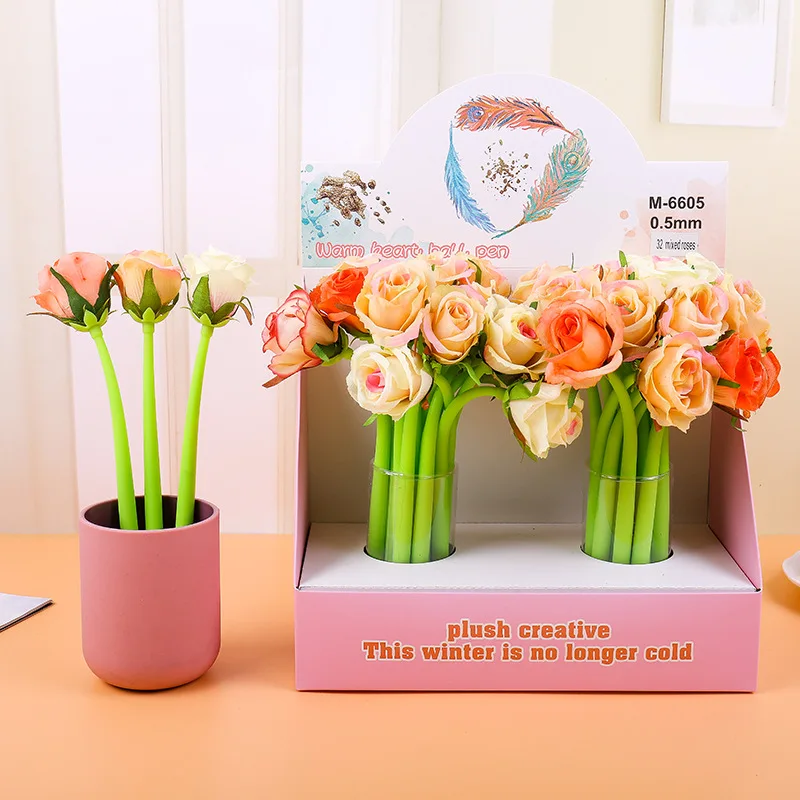 

32 шт., креативная нейтральная ручка с розой, 0,5 мм, праздничный подарок учителю, красочная многоцветная черная ручка для моделирования цветов, подписей