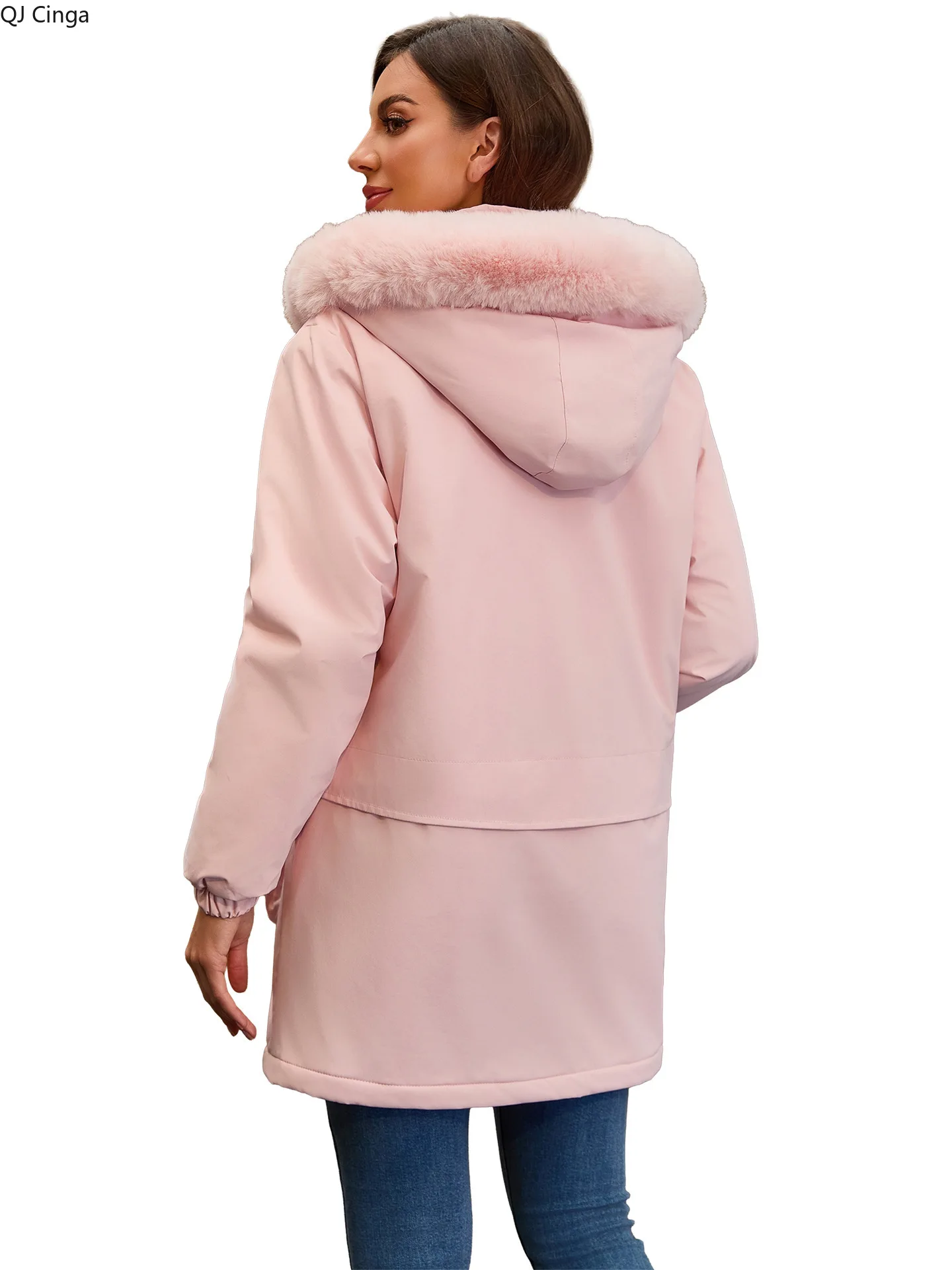 ใหม่ฤดูหนาวสีชมพูผู้หญิงเสื้อแจ็คเก็ตหนาความยาวกลาง,เสื้อแจ็คเก็ตคลุมด้วยผ้าสีแดง,ฮู้ดที่ถอดออกได้,สีเขียว,สีดำ,สีเทา,เสื้อคลุมสีกากี