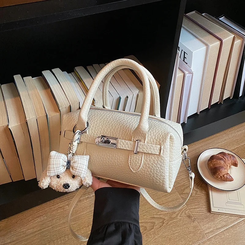 Mini Boston Top‑Handle Bag For Women Pebbled Texture Small Barrel Bag With Cartoon Puppy Pendant Detachable Strap Crossbody Shou