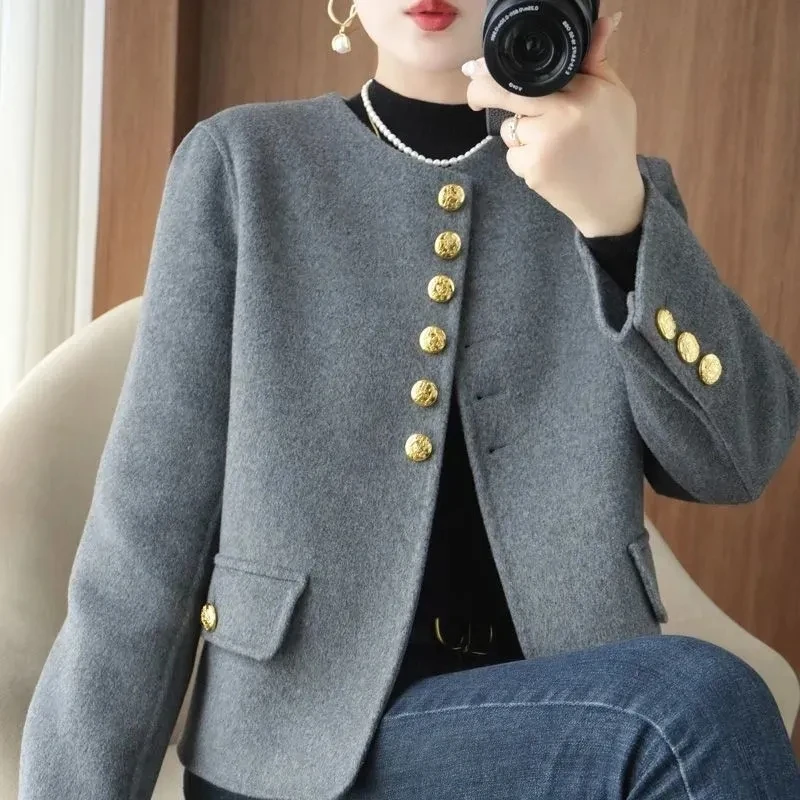 

Women's Double-Faced Woolen Coat Pure Color Button-Up ort Outerwear Faionable Autumn Winter New Arrival Ladies Jaet