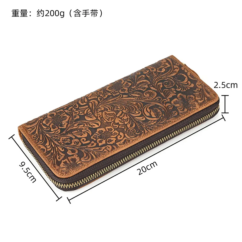Vintage Oil-Waxed Leather Long Wallet for Men Women – Full-Embossed Floral Pattern, 8 Card Slots, Phone-Friendly & Wrist Strap