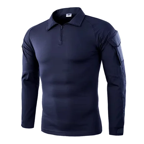 Camisa de combate de manga larga para hombre, camisas tácticas de algodón Ripstop con cremallera, camisetas Airsoft de camuflaje azul marino