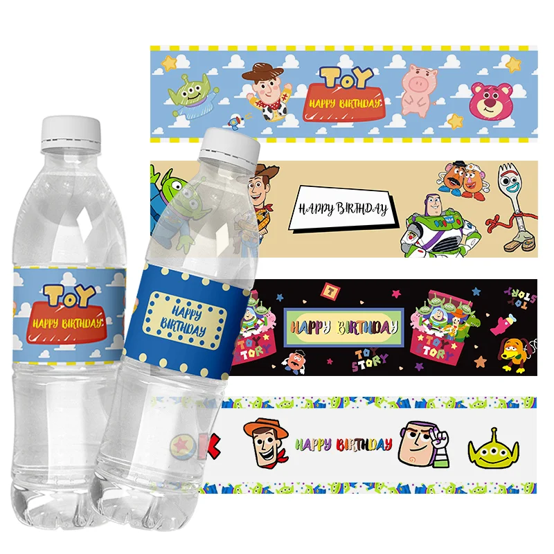 Disney Cartoon Toy Story Theme Mineral Water Bottle Waterproof Stickers Baby Shower, Buzz Lightyear, Birthday Party Labels, 6Pcs