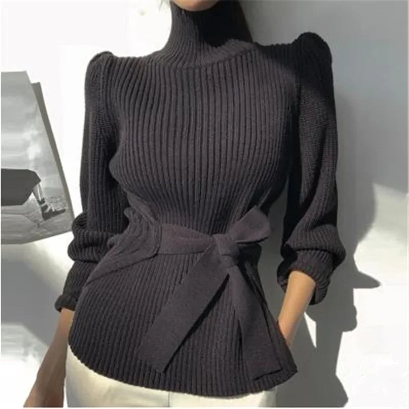 

Women Turtleneck Pullover Sweater Korean Fashion Bandage Side Split Knitting Jumper Woman Winter Warm Long Sleeve Sweaters