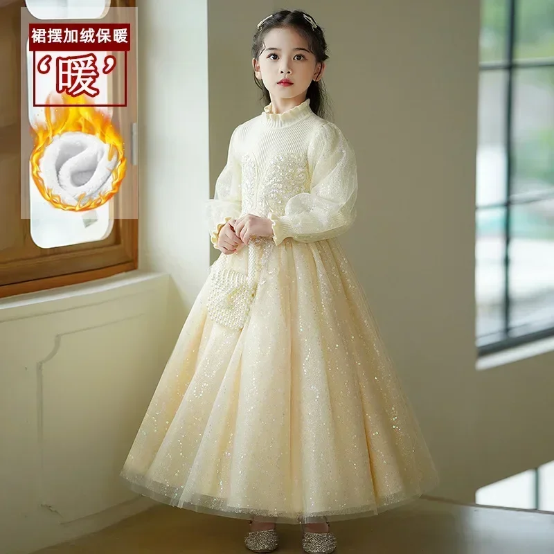 

Fleece Warmth Flower Girls Princess Dresses Lace Knit Children Clothing Long Sleeve Toddler Teenager Casual Kids Party Dresses