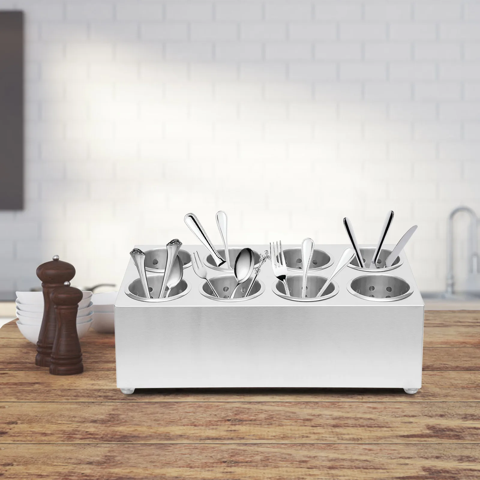 

Commercial 8-Hole Flatware Cylinder Holder, 201 Stainless Steel Utensil Holder Organizer for Kitchen, Restaurant, Catering