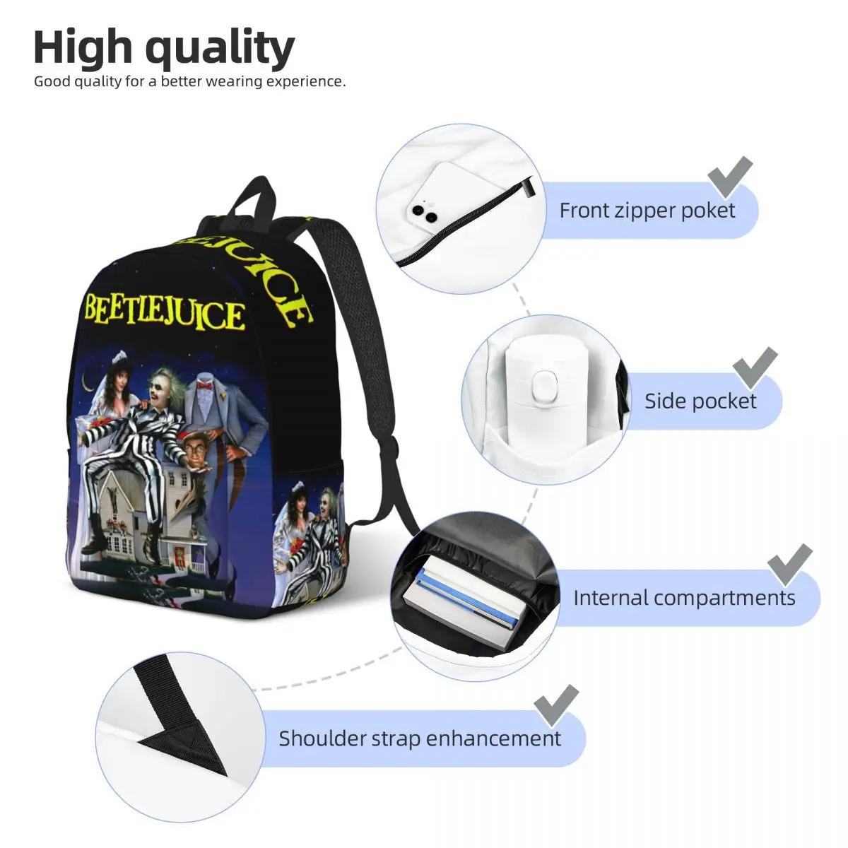 B-Beetlejuice Spooky Movie Backpack Men Women Teenage High School Work Daypack Halloween Horror Laptop Computer Shoulder Bag