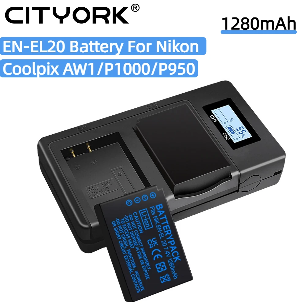 Batteria EN EL20 1280mAh per fotocamera Nikon J1 J2 J3 J4 W1 S1 S2 V3 Coolpix 1 / AW1 / A / P950 / P1000, caricabatterie LCD a 2 slot ENEL20 EN-EL20