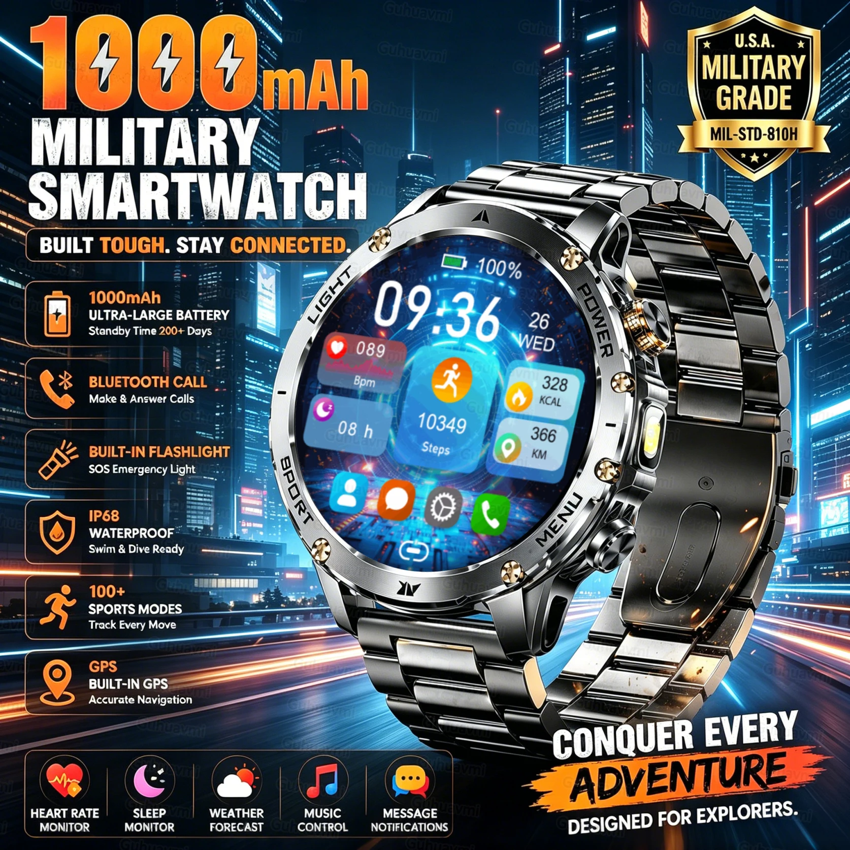 Neue militärische 1000mAh Batterie-Smartwatch für Herren, Outdoor-Taschenlampe, 10ATM wasserdicht, Herzfrequenzmessung, Bluetooth-Anrufe, Sport-Armband.