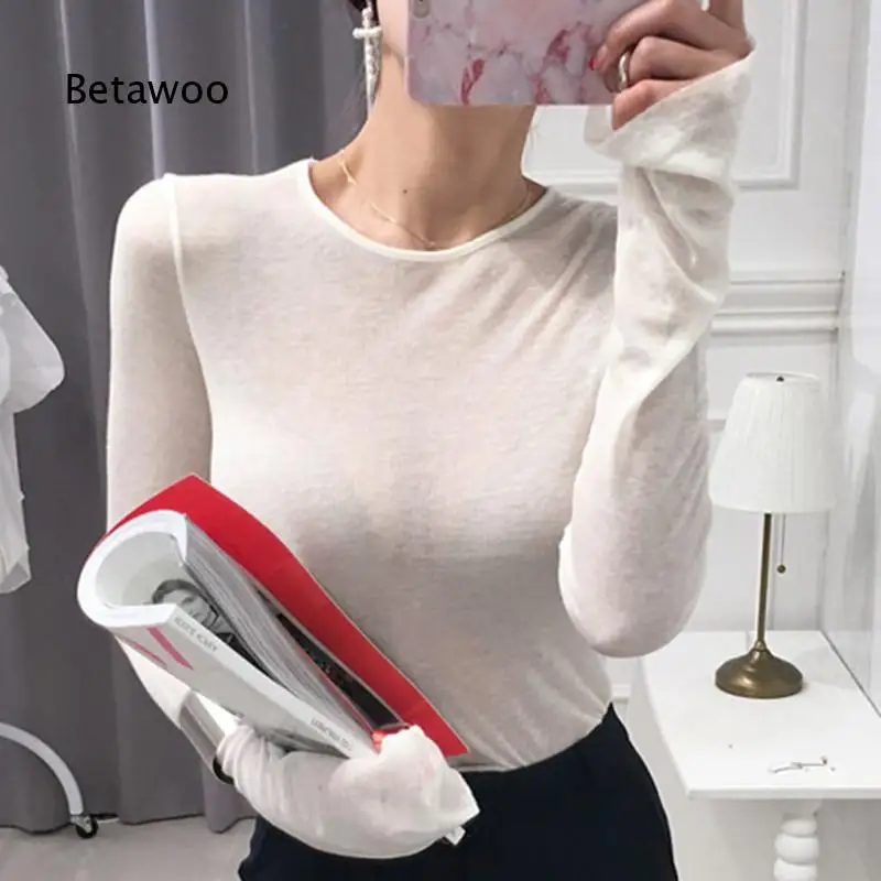 Womens Soft Slightly Sheer Round Neck Long Sleeve Base Top Slim Fit Casual T Shirt Elegant Simple Basic Shirt For Layering And