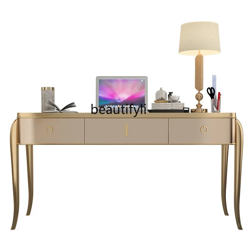 

F American light luxury champagne gold solid wood writing desk desk book table chair combination makeup table