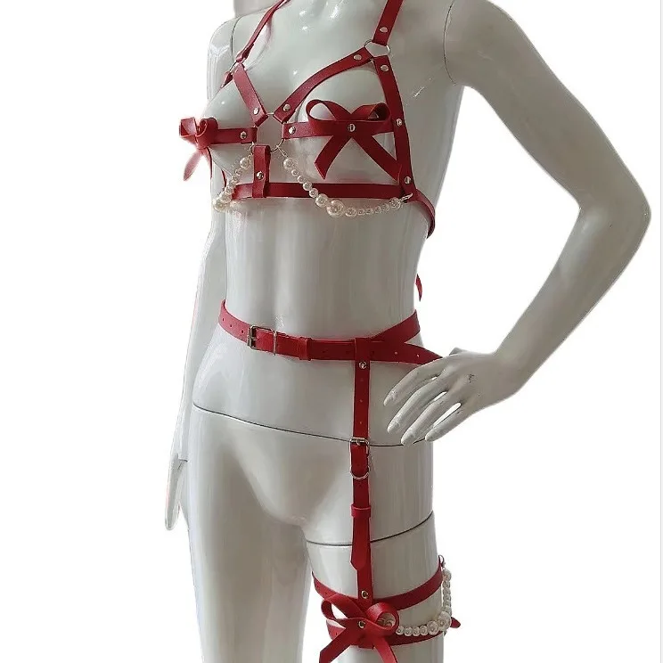 مثير الجلود تسخير النساء مجموعة الجسم عبودية حزام فاسق حزام الساق ضيق الرباط القوطي اكسسوارات الحمالات مع مجموعة حزام #4