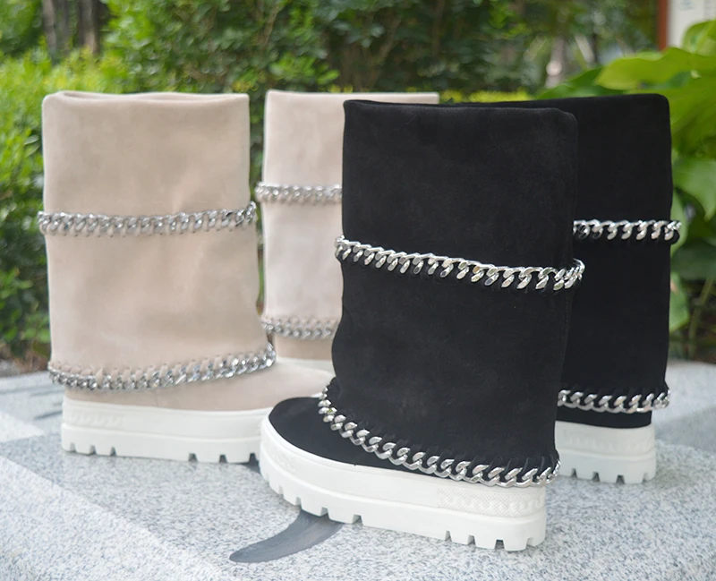 

Ladies Thick Platform Sole Double Chains Spring Boots Height Increasing Mid-Calf Boots Women Cow Suede Slip On Fashion Boots