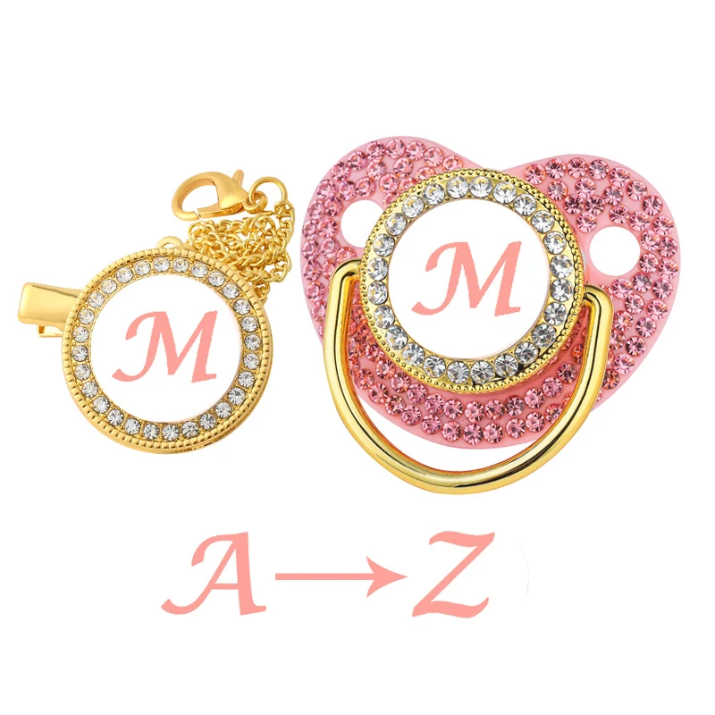 New Newborn Pacifiers for Babies Pink Rhinestones Personalized Pacifier Clip Lid Set 26 Name Initials Infant Nipple Teether Gift