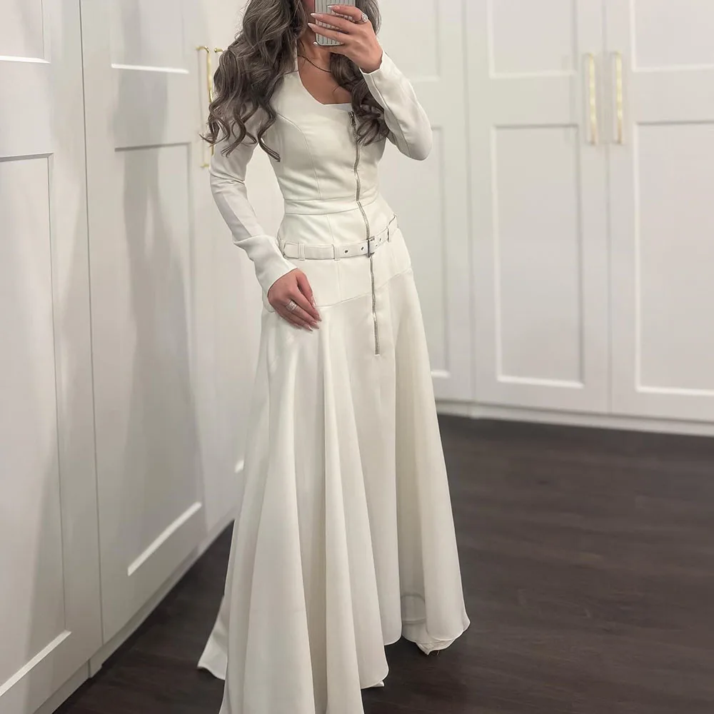 

Customized A-Line Prom Dresses Floor-Length Square Collar Full Sleeve Evening Gown Fashion Sashes Simple Draped Party Gown