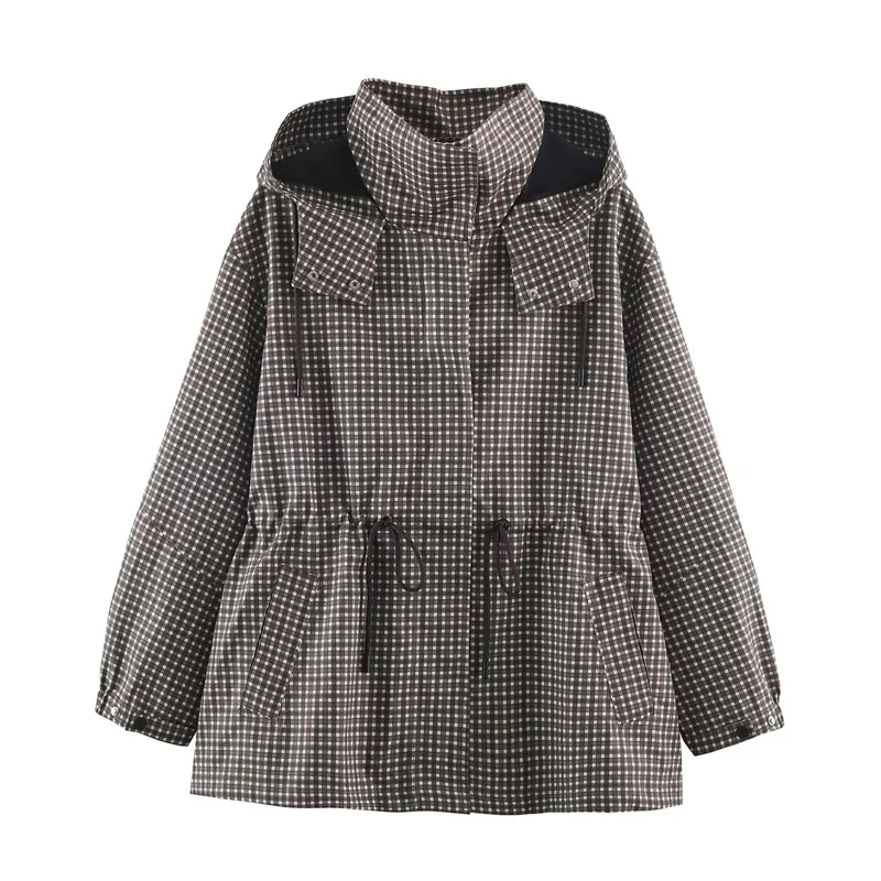 Damenmantel Langarm-Karo-Kapuzenjacke für Frauen 2026 Neue Mode Herbst Winter Lässige Schicke Damen-Oberbekleidung – Detail 6