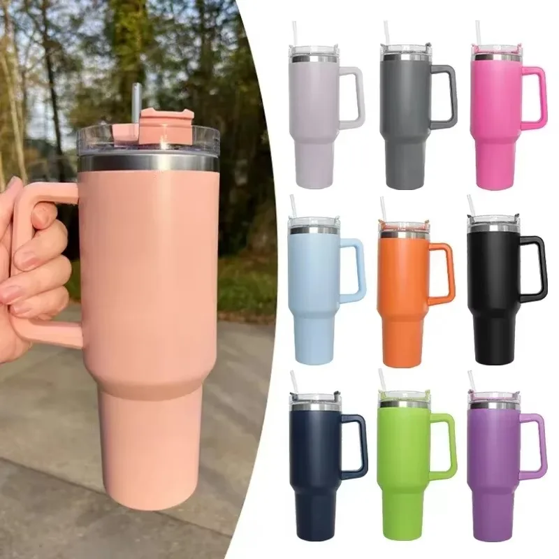 Vaso Térmico de 40oz con Asa, Taza de Café de Acero Inoxidable Aislada con Tapa y Popote, Termo para Viaje