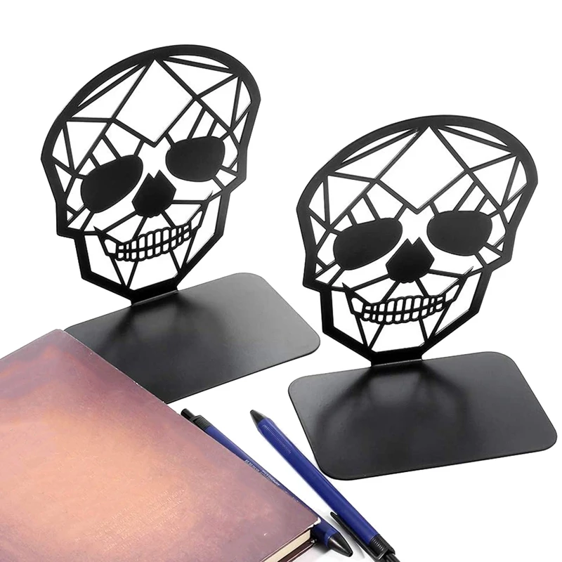 2 Pack Skull Design Black Bookend,Book Ends For Shelves Books,Book Shelf Holder Home Office Decorative Desktop Organizer
