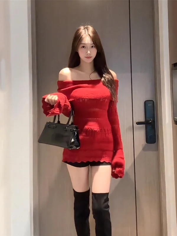 

Ele Long Sve One oulder Knitted Top Women's Slim Fit Autumn Winter Faionable Inner Wear Base irt Medium Length