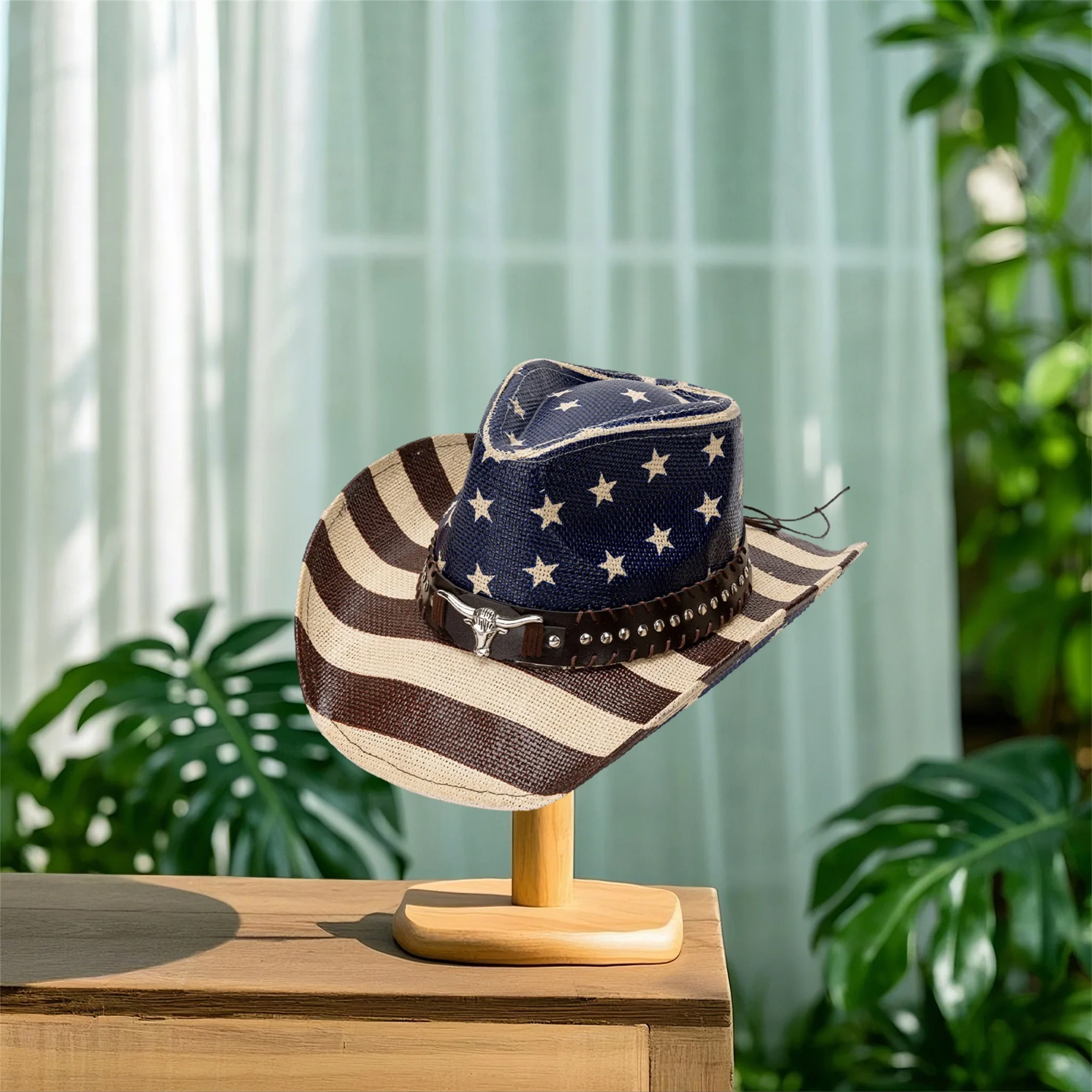 미국 국기 카우보이 모자 (남녀공용) 애국적인 서양식 챙 넓은 모자, 황소 머리띠 포함, 7월 4일 파티에 적합