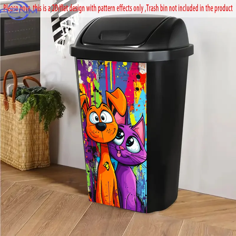 1pc 2D/FLAT Funny Dog and Cat Dustbin Sticker, 14.57x32.28inch, Quirky Orange Dog and Purple Cat Duo, Self-Adhesive Dustbin St