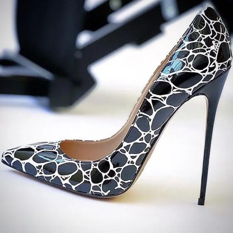 

Women Pumps Pointed Toe Shallow Slip On 12CM 10CM 8CM Stiletto Heels Shoes Printed Black And White Patent Leather