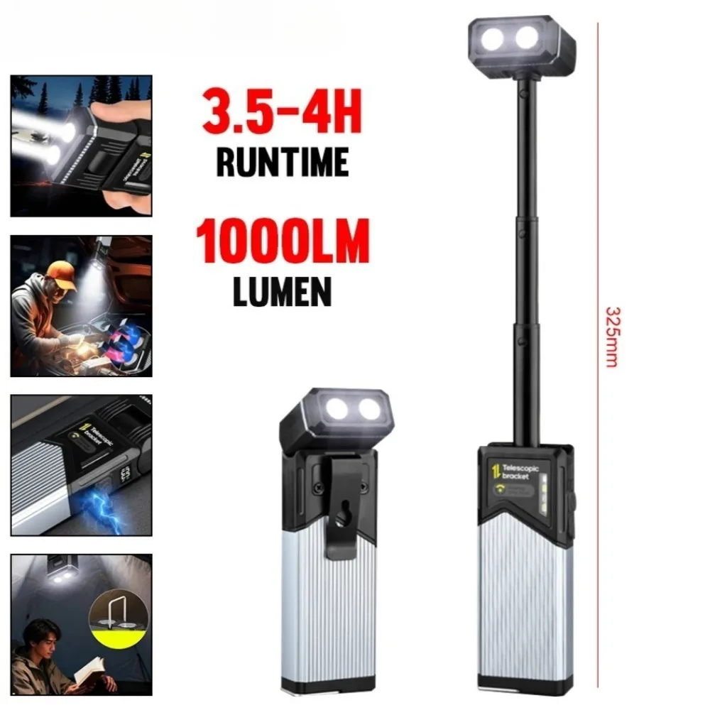 LED Magnetic Work Light USB Rechargeable Retractable 180° Rotatable Flashlight Portable Torch for Outdoor Camping Inspection