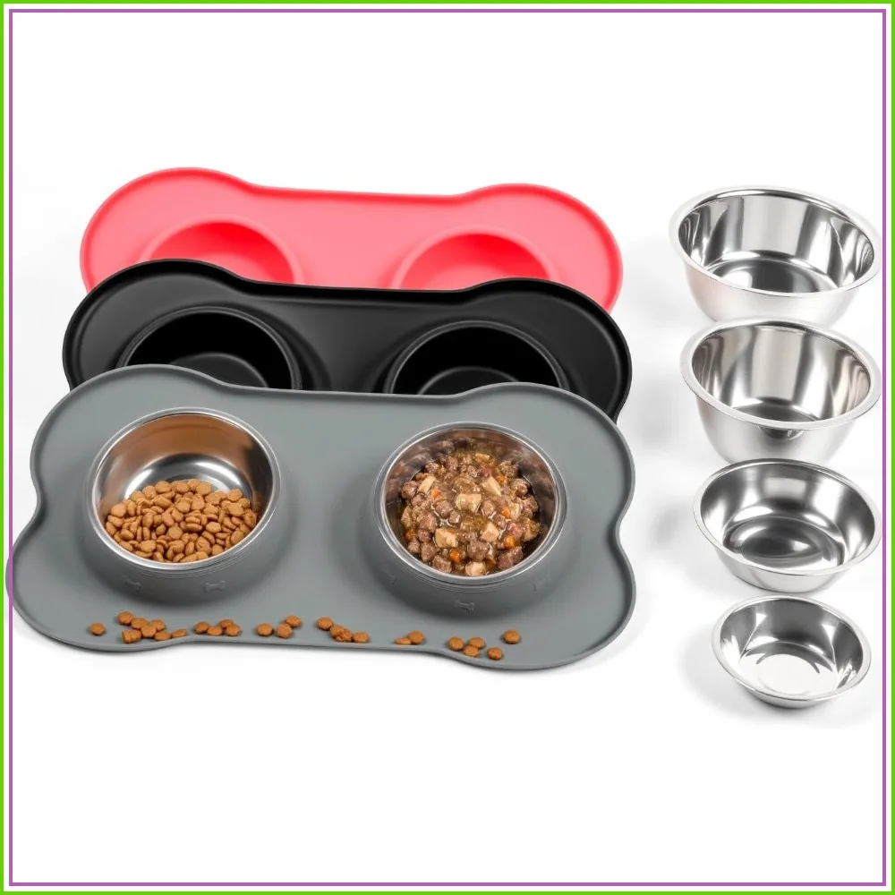 

Medium Pet Feeding Station, 29oz Stainless Steel Dog Bowls Set, No Spill Food & Water Dishes with Non Slip Silicone Mat for Breeds Up to 55 Lbs, Grey