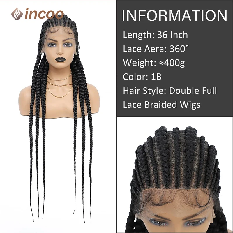 Incoo Synthetic Braided Wigs Double Dutch Cornrow Braids Full Lace Wigs Black Wig Women Goddess Hair Knotless Box Braiding