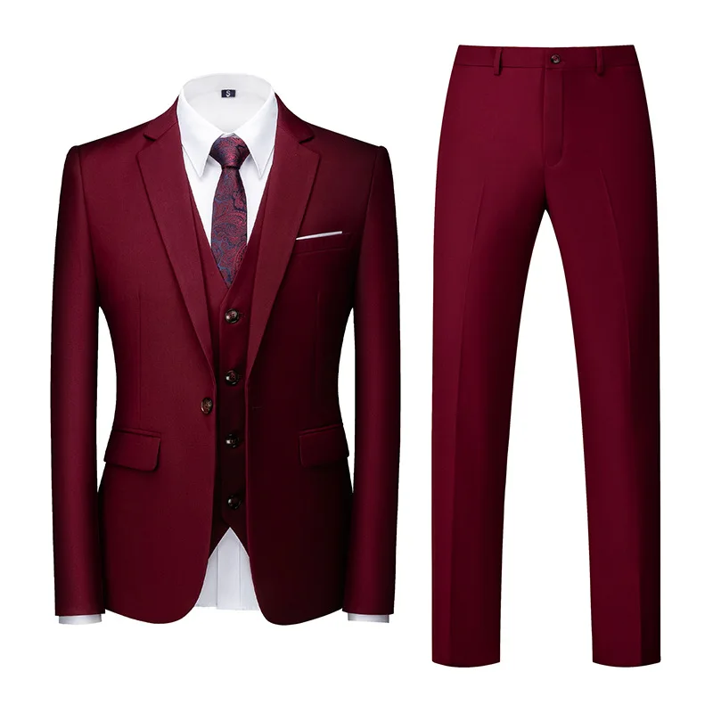 Mens Suits (Blazer+ Vest + Pants) Fashion Business Casual Slim-fit Wedding Gentleman Solid Color Work Evening Suit M-6XL