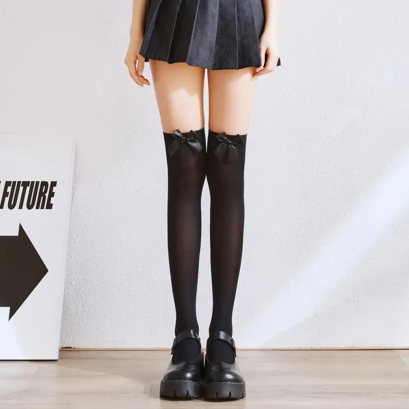 Slim Stockings Over Knee Solid Color bow tie Girls Lolita White Black Long Socks Thin Cute Thigh High Stockings