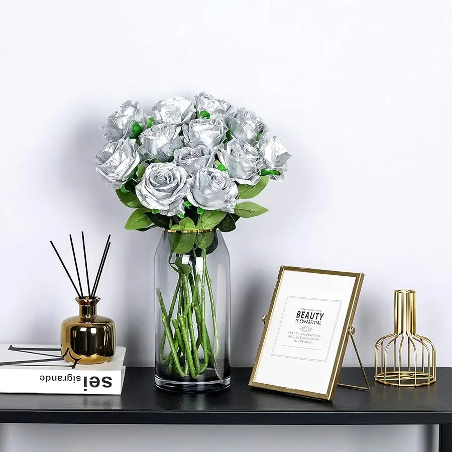 12 STKS Kunstzijde Bloemen Realistische Rozen Boeket Lange Steel voor Thuis Bruiloft Decoratie Feest (Zilver 1)