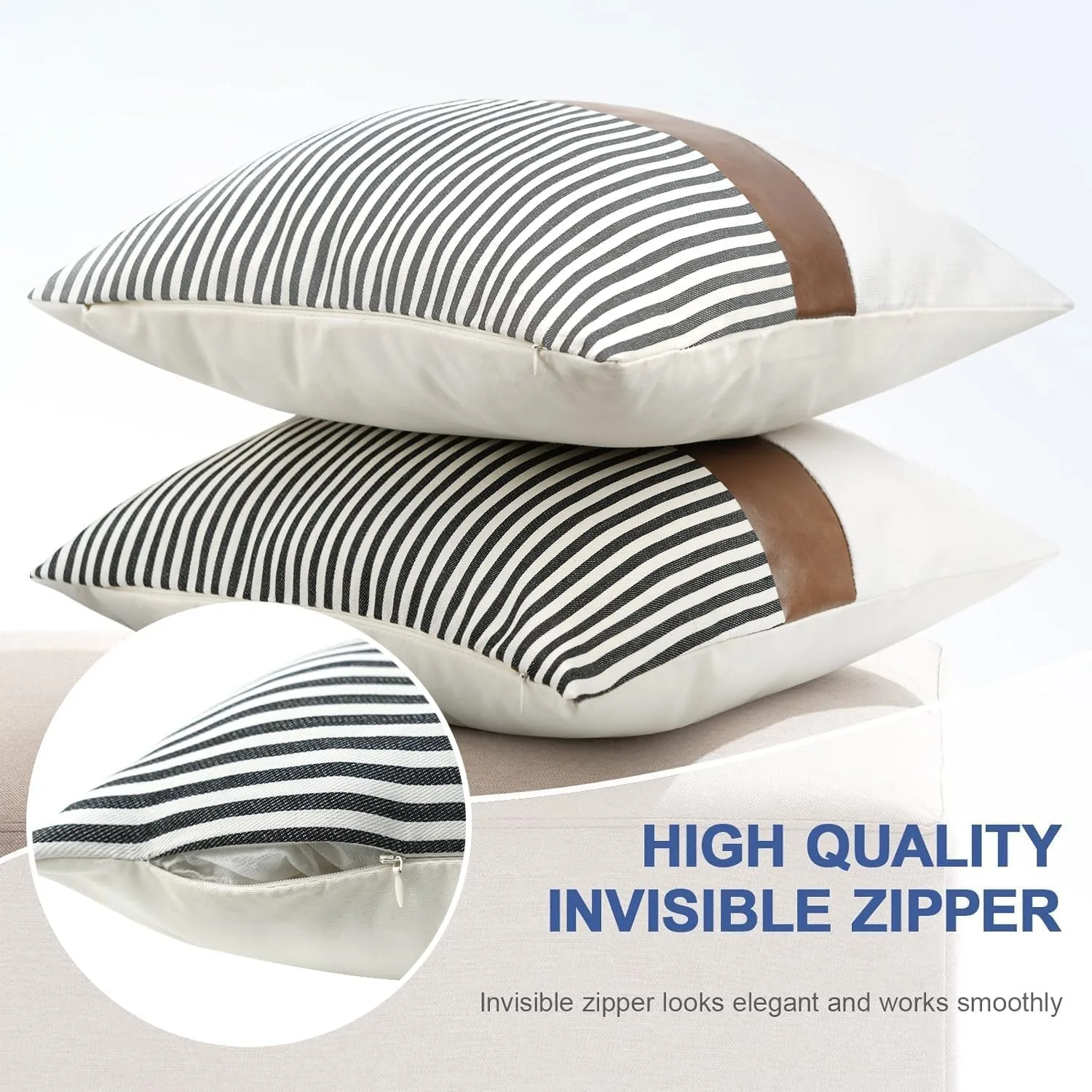 18x18 Inch Gray Light Luxury Stripe Patchwork Linen Throw PillowCovers Farmhouse Tan Faux Leather Splicing Stripe Pillow Covers