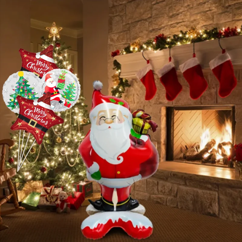 12 Pcs Christmas Foil Balloons Set Standing Santa Claus Star Christmas Tree Aluminum Balloon Kit Colorful Xmas Party Decorations For Home Window Fireplace Holiday Supplies