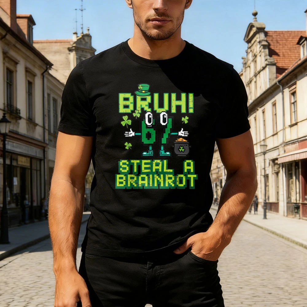 St Patrick's Day Bruh Steal A Brainrot Funny Pixel Art Men T-Shirt Party Wear Apparel Cotton Casual Streetwear Tops