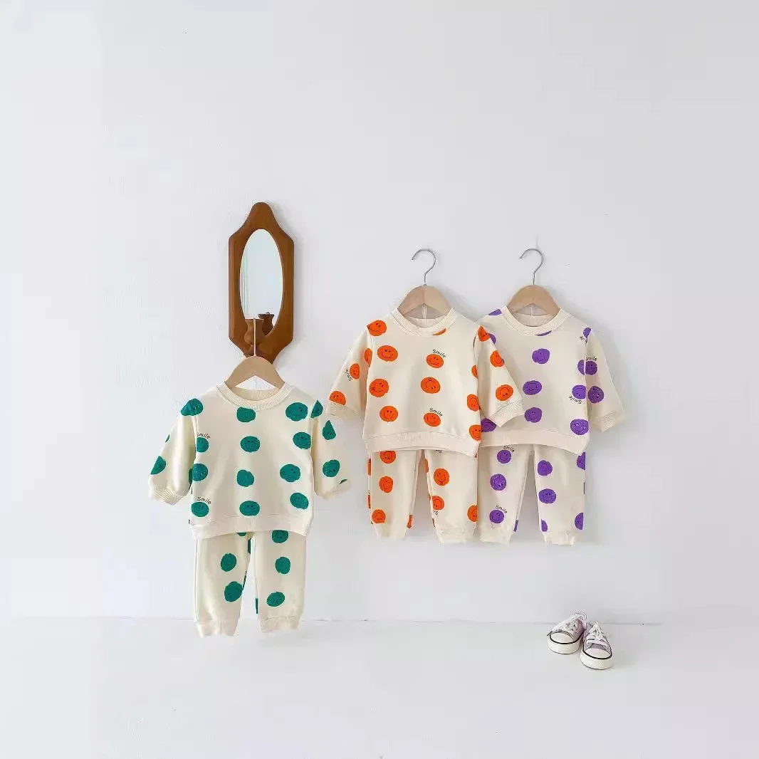 1-4T Toddler Kid Baby Boy Girl Clothes Set Polka Dot Autumn Sweatshirt Set Long Sleeve Infant Pullover Top Pant Suit Cotton