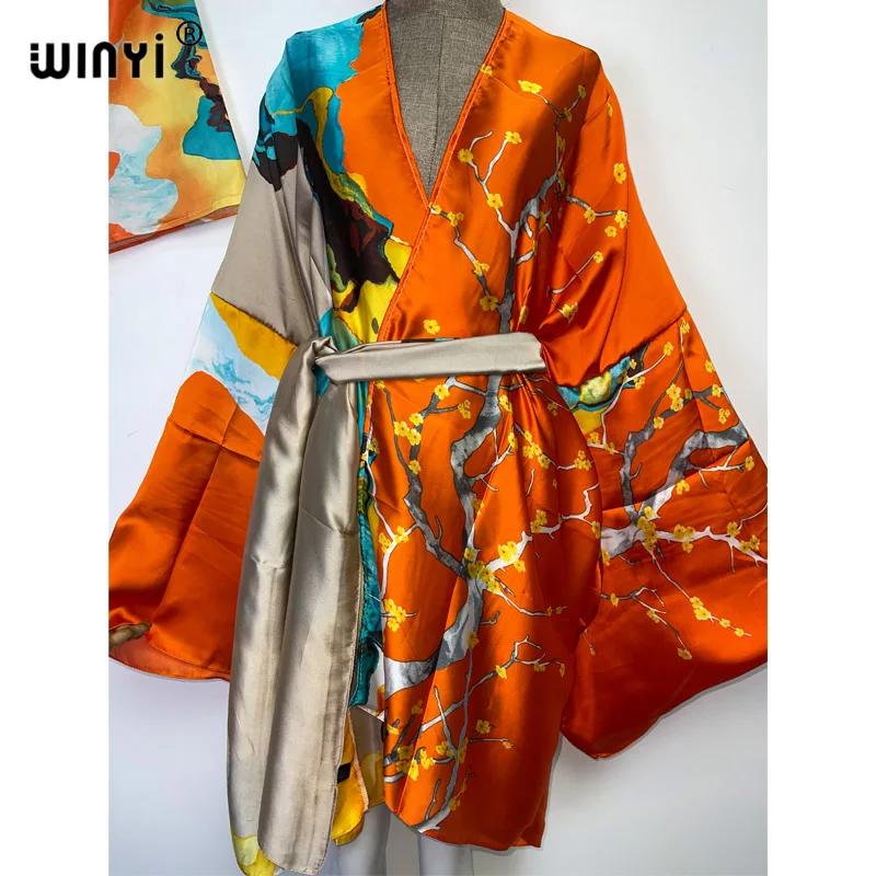 2022 WINYI beach dwuczęściowy garnitur artystyczny nadruk elegancka, długa rękaw trab sukienka kobiety elastyczne jedwabne piętro długość moda kimono