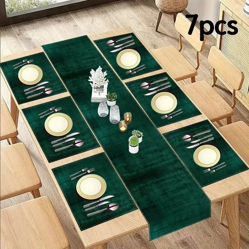 VIKAMA Retro Light Luxury Green Table Runner Placemats Set Waterproof Anti Slip Kitchen Dining Table Mat