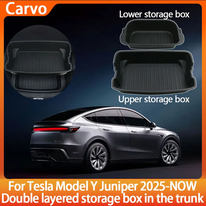 

Для нового Tesla 2025 ModelY Juniper, задний дуб-багажник, двухъярусный ящик для хранения, пыле- и водонепроницаемый лоток для хранения багажа, аксессуары