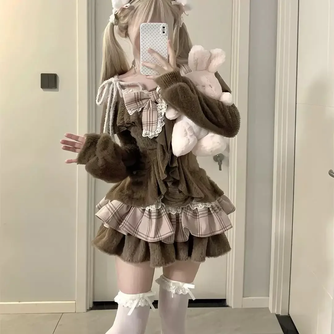 

2025 American 2 Piece Skirt Set Women Long Sleeve Sweater + Cake Skirts Korean Fashion Kawaii Vintage Suits Chic Outwear French