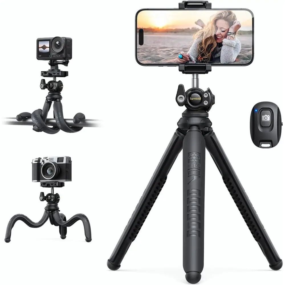 

Ultra-Stable Aluminum Tripod with Wireless Remote, Compact Flexible Stand for Camera and Video Recording, Ideal for DSLR Cameras