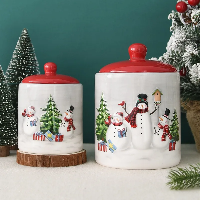 

Christmas Snowman Porcelain Food Container,Large Round Sealed Jar,Ceramic Snack Cookies Storage Organizer,Creative Kitchen Crock