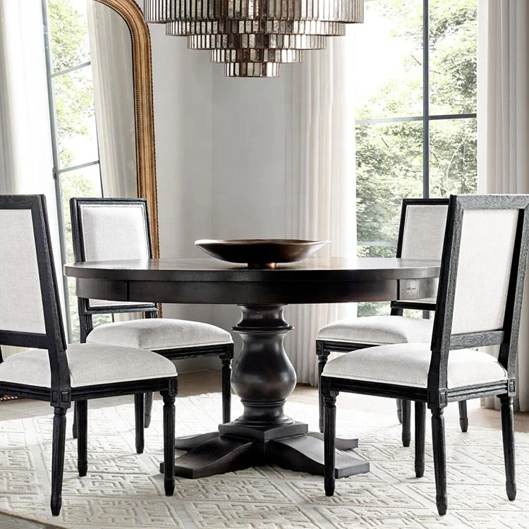 Handmade black pedestal solid wood round dining table French antique home style
