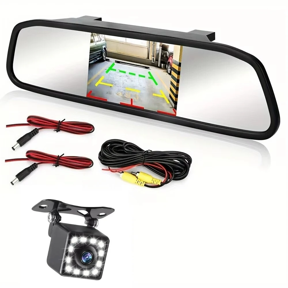 HD 10.92cm TFT LCD Mirror Monitor with 12LED Night Vision Backup Camera,Dual Video Inputs, for SUVs Pickups Campers Tractors RVs