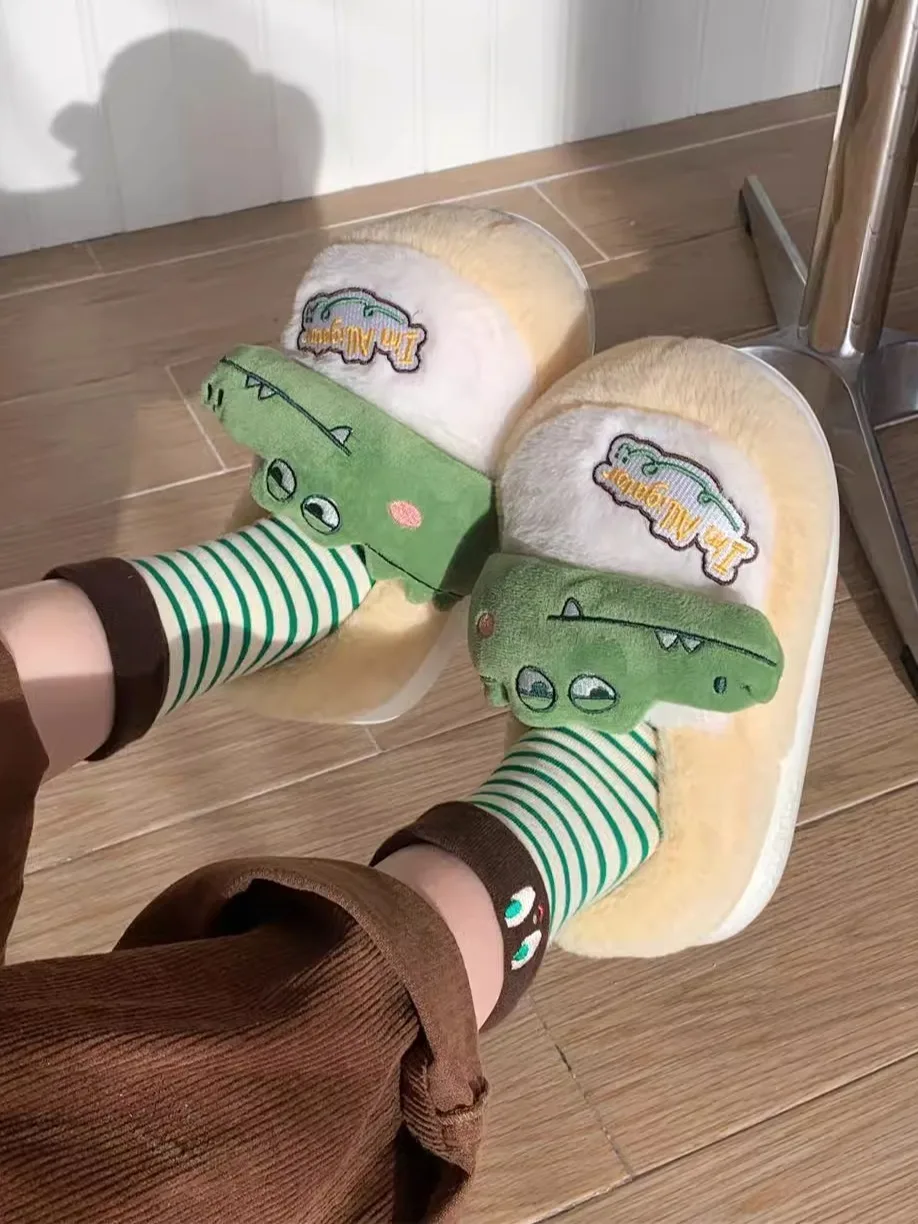 Funny Cute Crocodile Cotton Slippers Women's Winter New Comfortable Plush Home Slippers Anti Slip Fun Crocodile Cotton Slipper