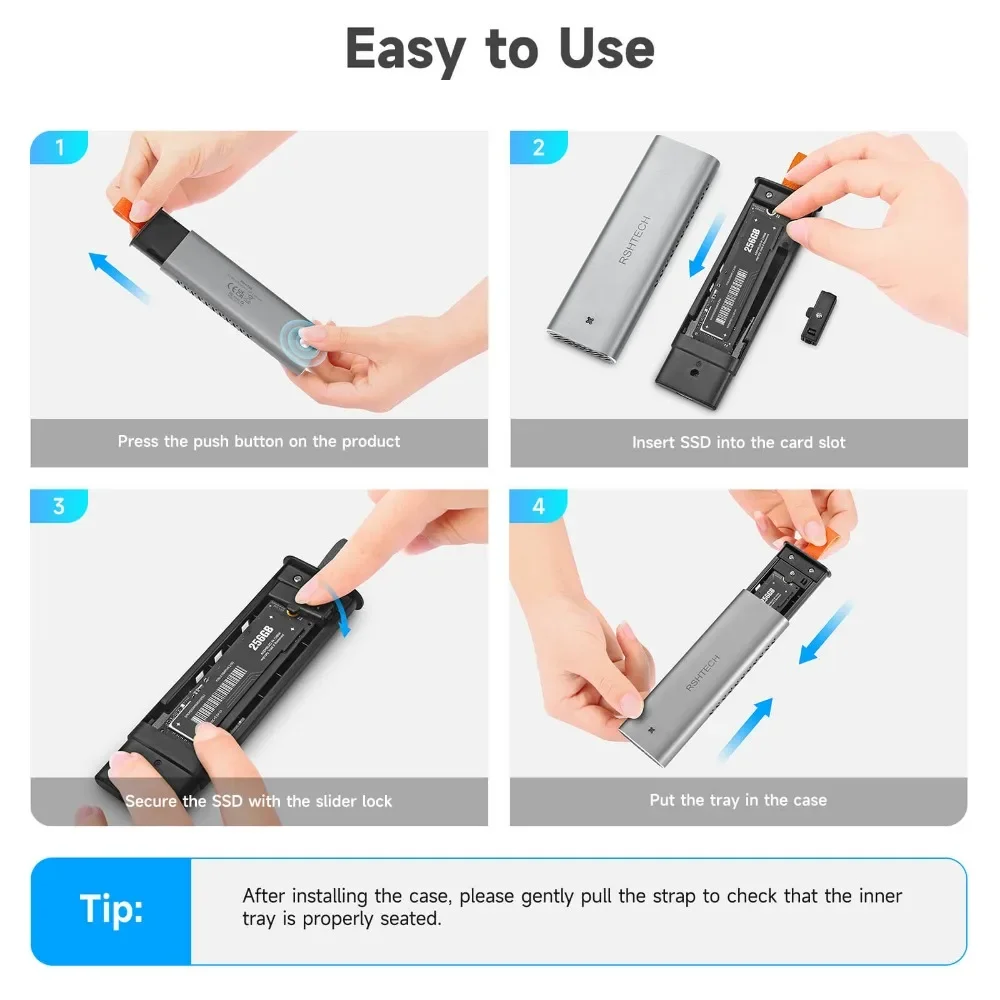 RSHTECH M.2 NVMe SATA SSD Enclosure Aluminum 10Gbps USB 3.1/3.2 Gen2 External NVMe SSD Caddy for NVMe PCIe and SATA M-Key