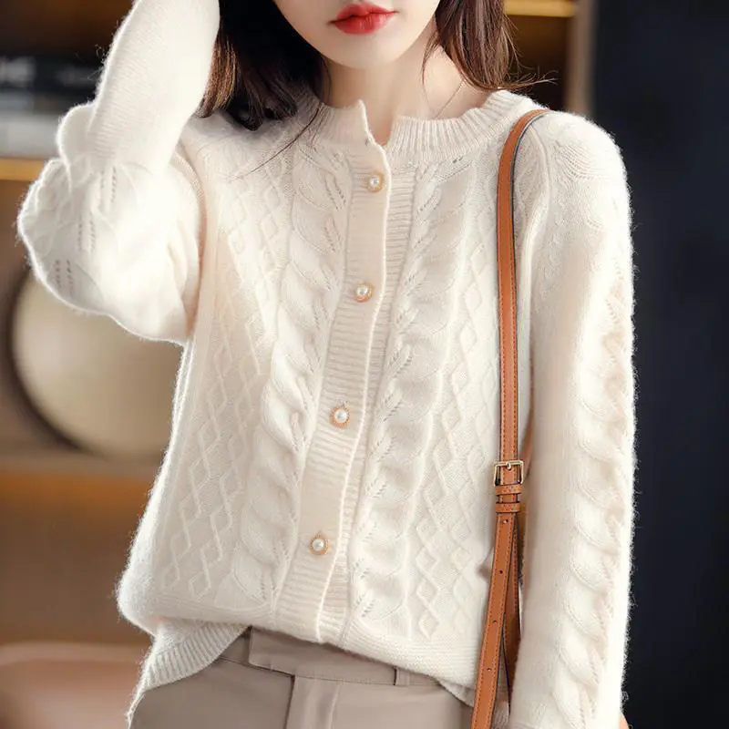 Women Autumn Simplicity Loose Solid Color O-neck Long Sleeve Knitwear Women Clothes Fashion All-match Knitting Cardigan Coat