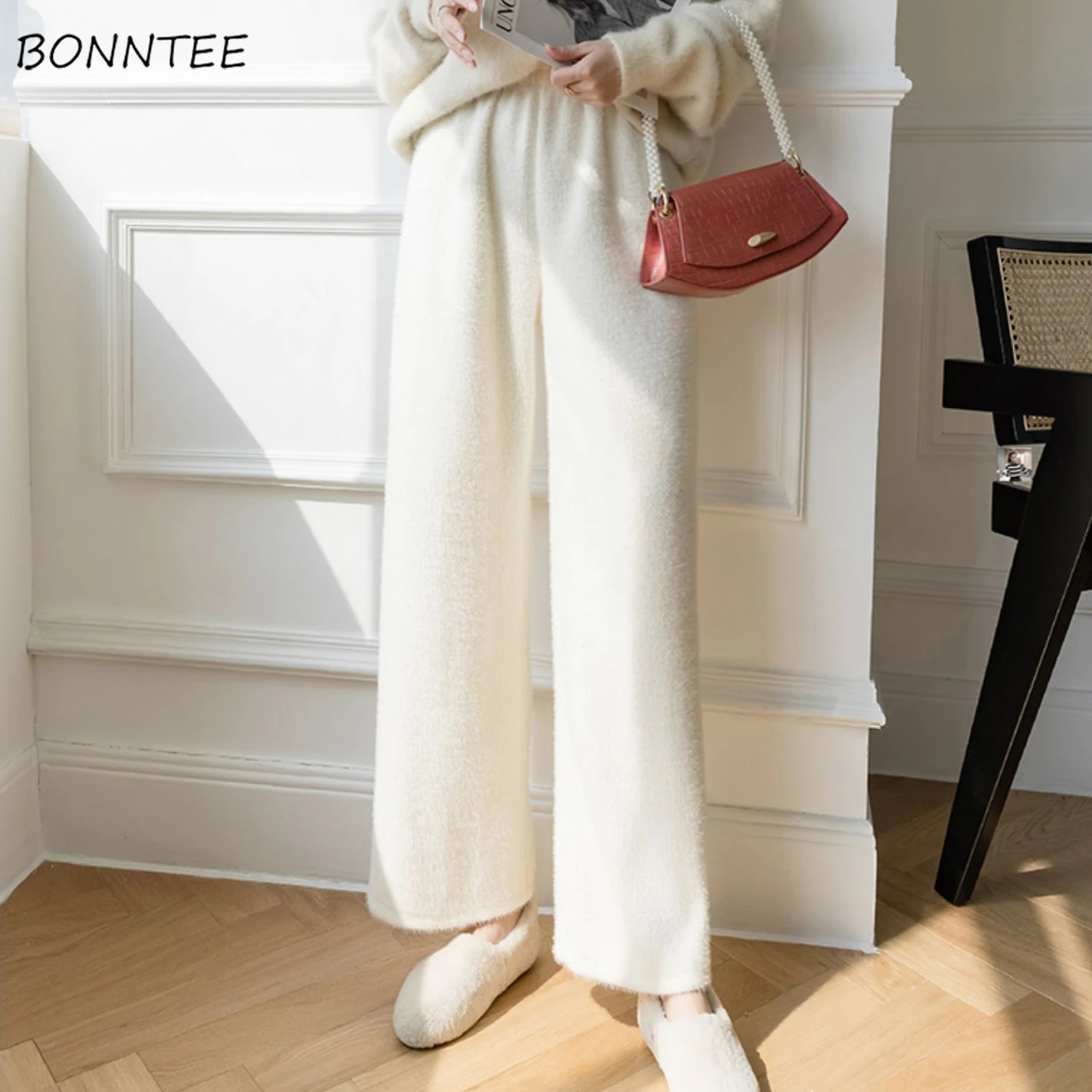 

Solid Pants Women Autumn Winter Fluffy Sweet Tender Korean Style Fashion Simple Leisure All-match Female Straight High Waist