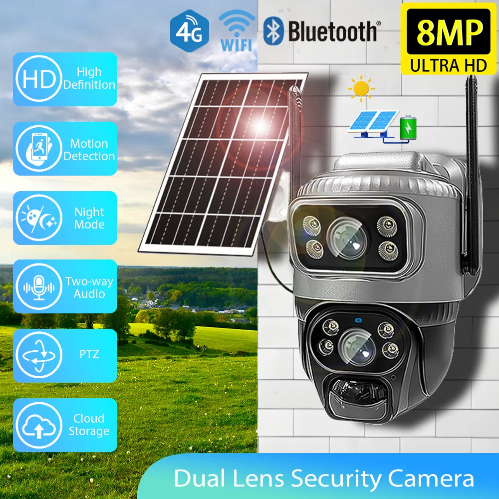 

8MP Dual Lens Solar Powered Surveillance Camera Outdoor Wireless CCTV Security Camera PTZ AI Human Detection HD Security Camera